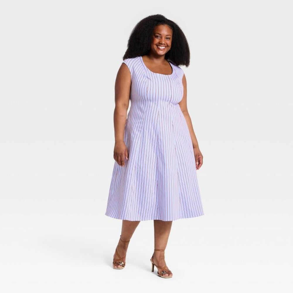 Women's Plus Cap Sleeve Midi A-Line Dress - Ava & Viv Blue/Red Striped 22